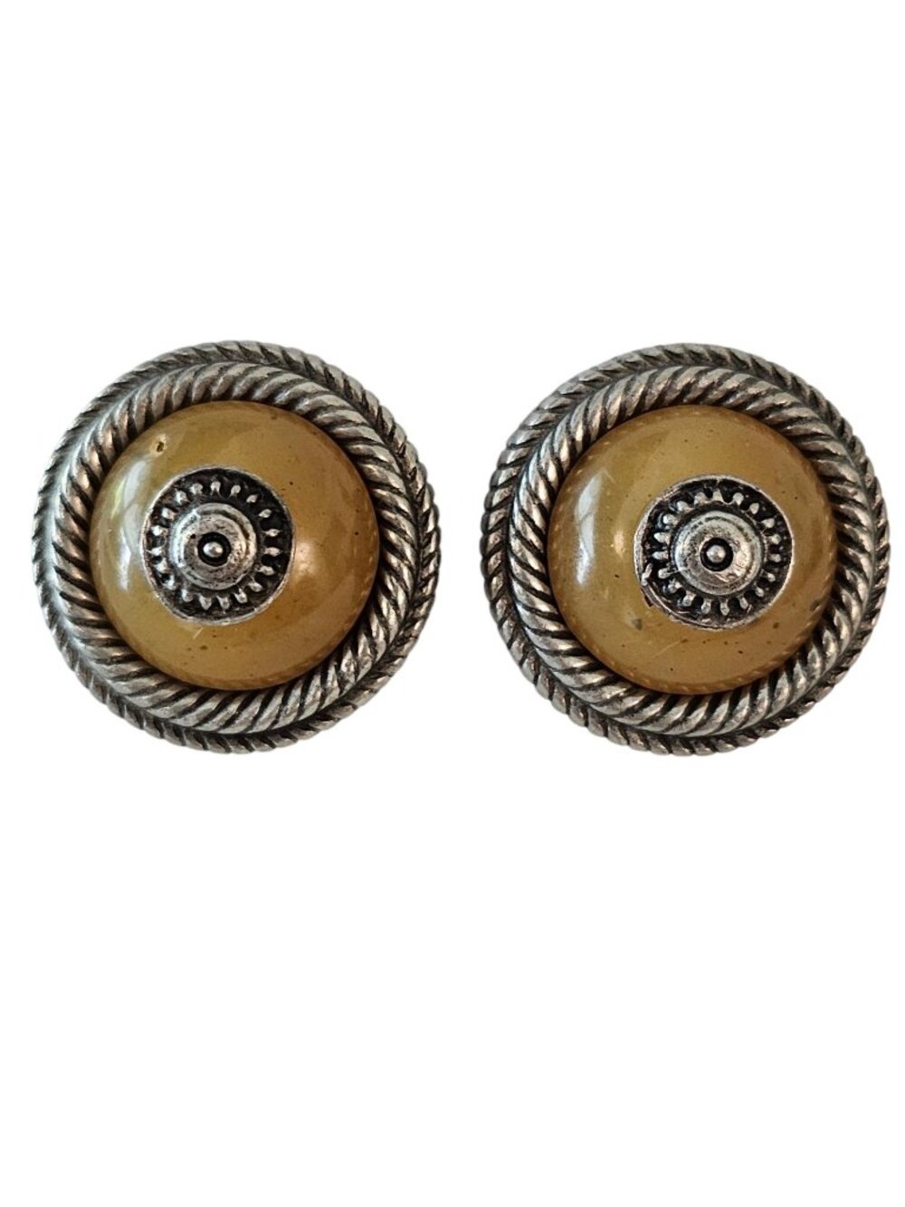 Ben Amun Vintage Silver Tone Round Green Stone Clip On Earrings Signed, J127